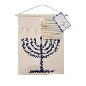 Hanukkah Menorah Banner Tapestry Wall Decor Pocket Stuffed Fabric Candles 10 Pc
